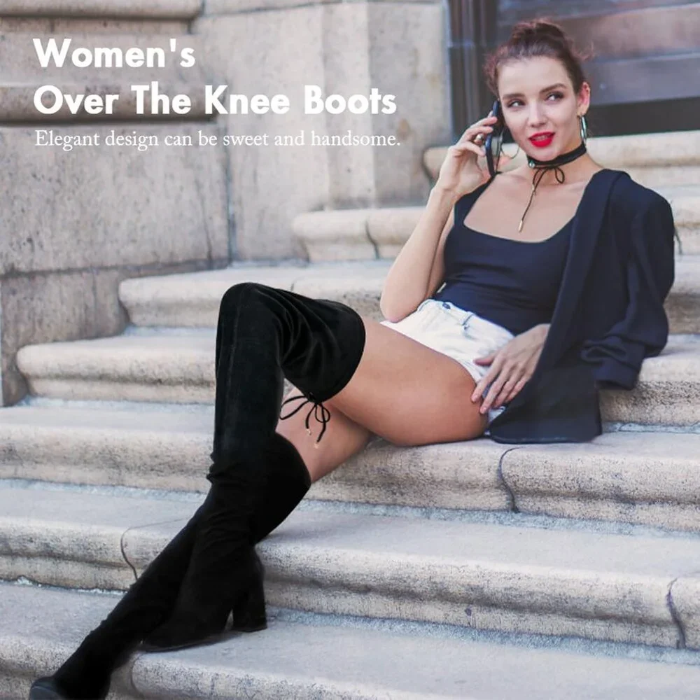 Women's Black Inner Zipper Thigh High Over The Knee High Square Heel Boots